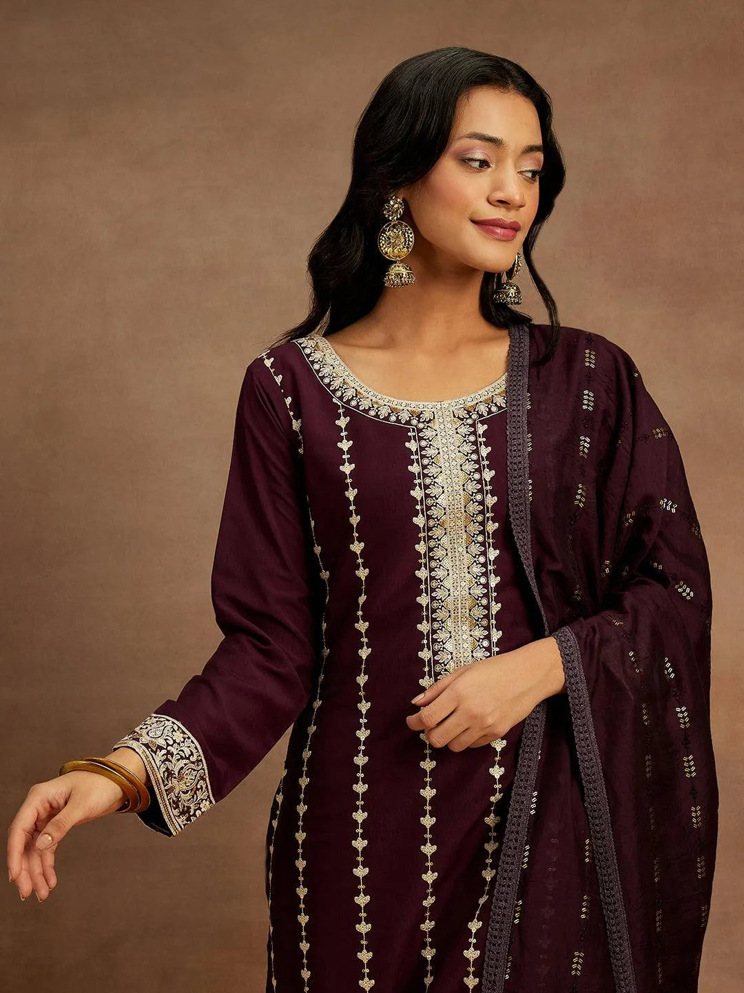 Wine Embroidered Silk Straight Kurta With Trousers & Dupatta - Libas 