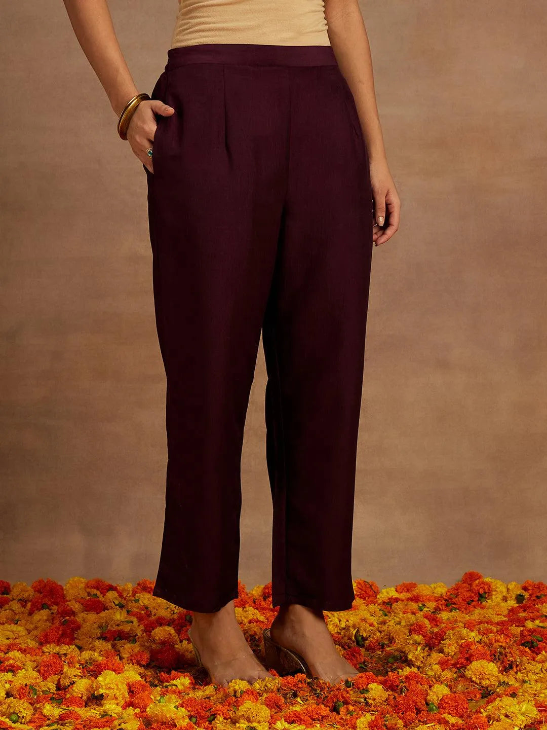 Wine Embroidered Silk Straight Kurta With Trousers & Dupatta - Libas 