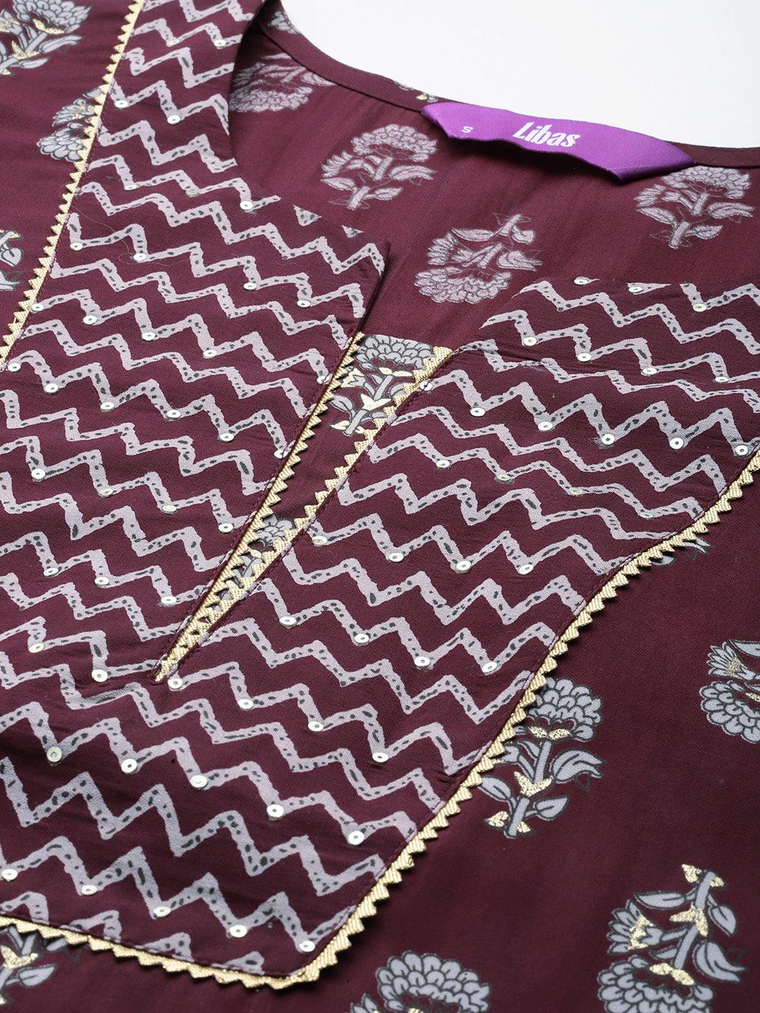 Wine Printed Silk Blend Straight Kurta With Trousers - Libas