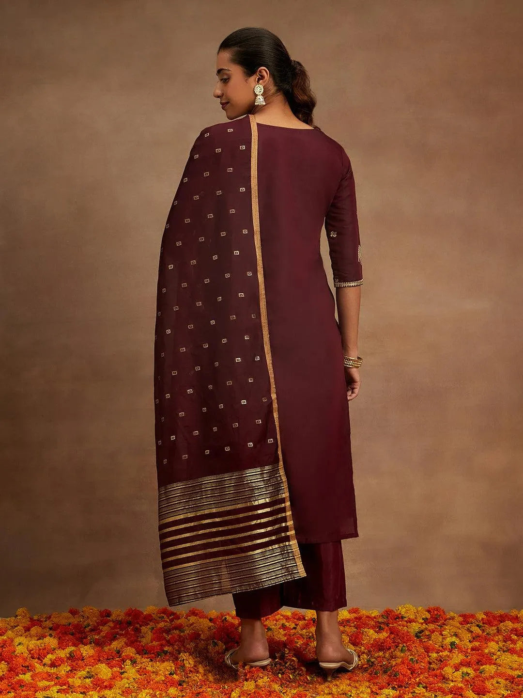 Wine Woven Design Chanderi Silk Straight Kurta With Trousers & Dupatta - Libas 