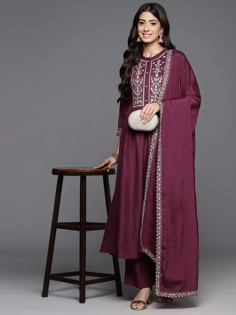 Gerua Wine Yoke Design Silk Blend Anarkali Suit With Dupatta