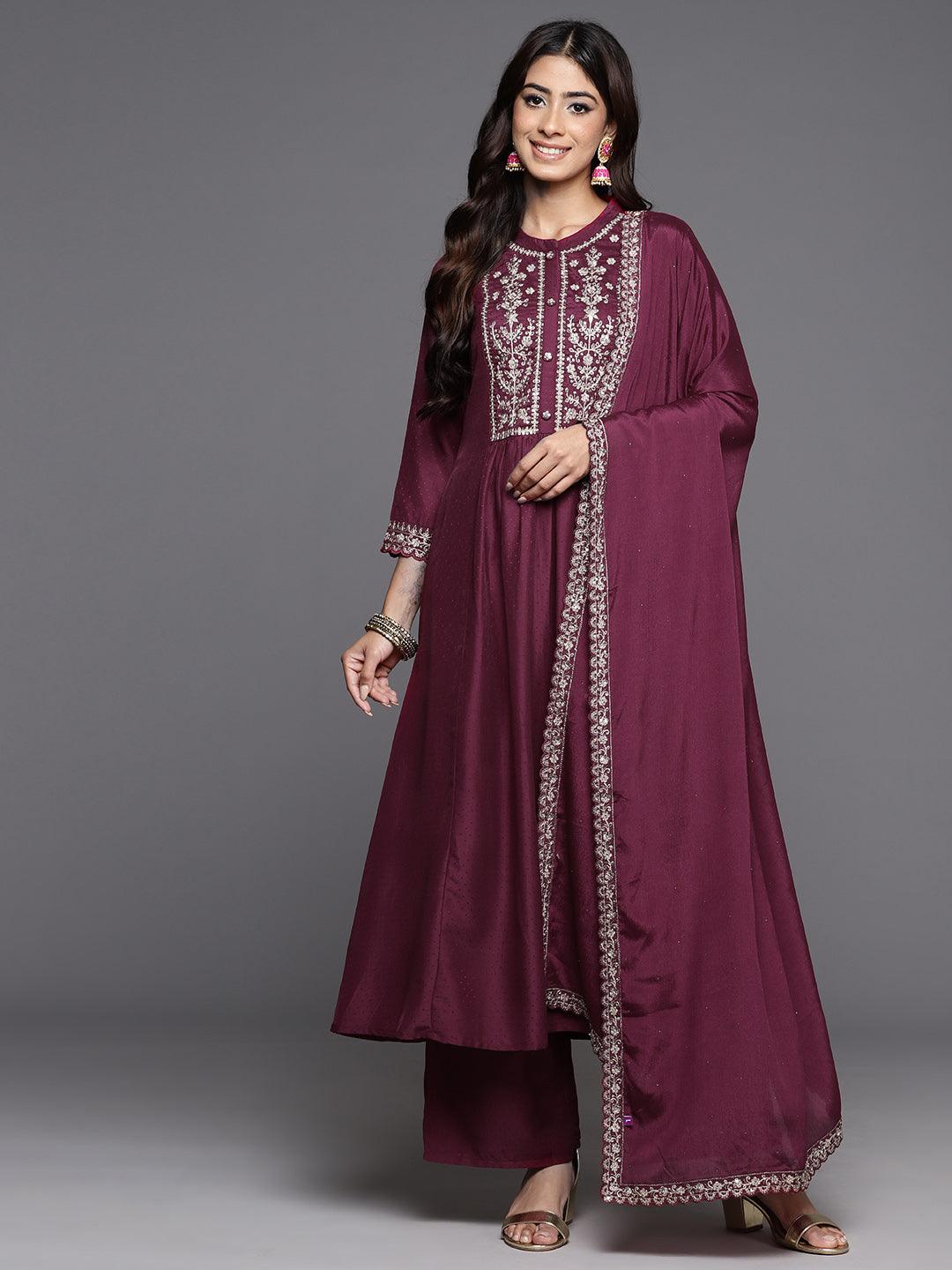Wine Yoke Design Silk Blend Anarkali Suit With Dupatta