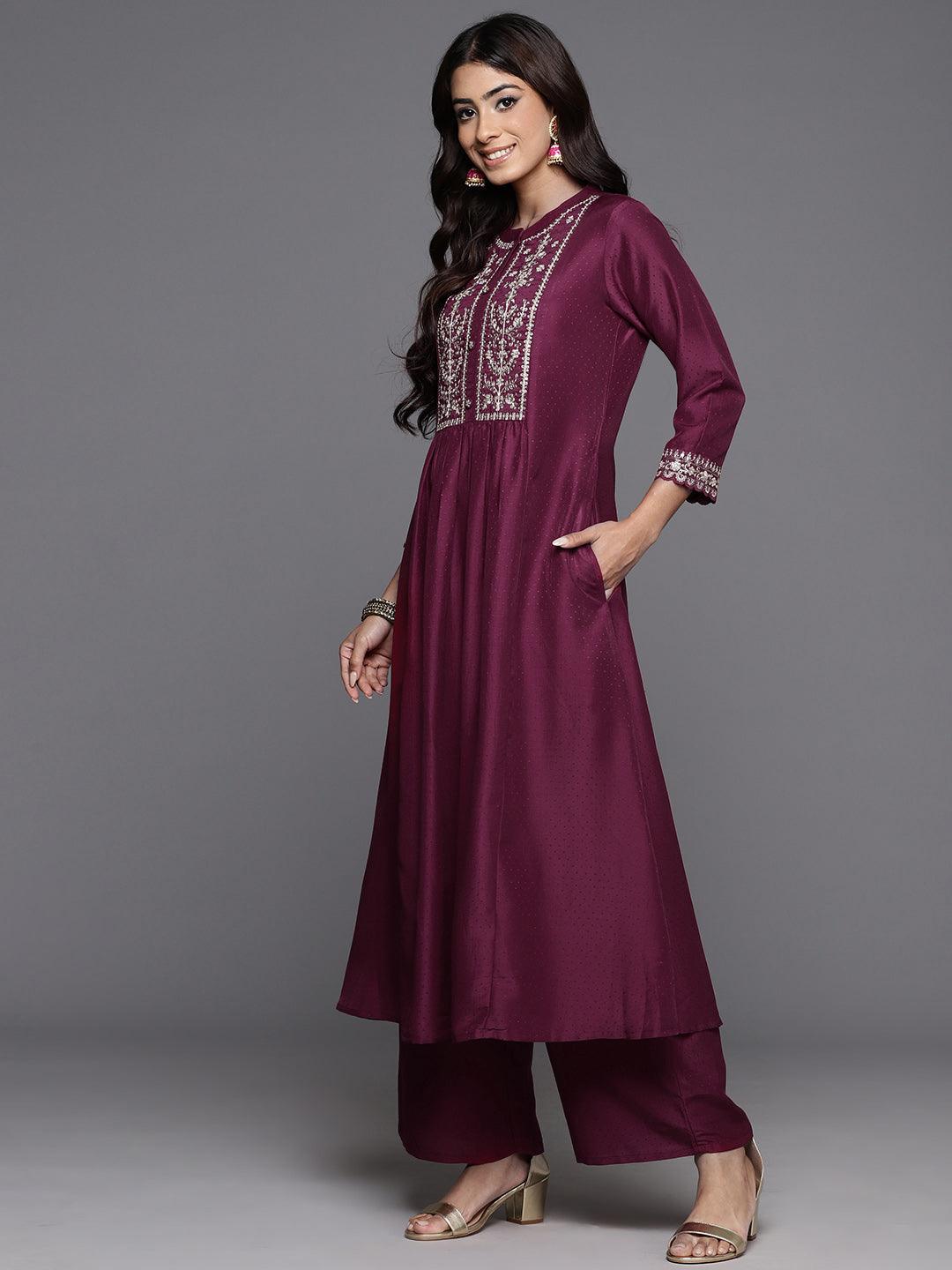 Wine Yoke Design Silk Blend Anarkali Suit With Dupatta