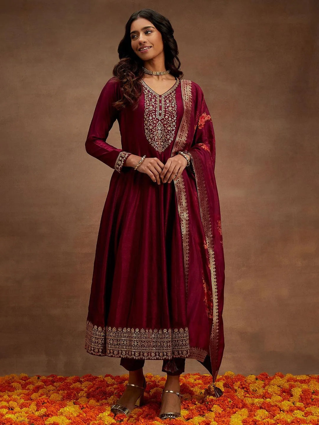Wine Yoke Design Silk Blend Anarkali Kurta With Trousers & Dupatta - Libas 