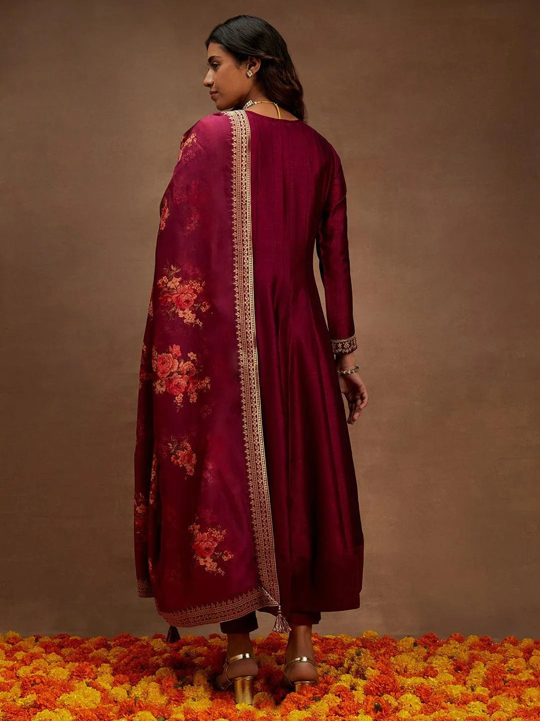 Wine Yoke Design Silk Blend Anarkali Kurta With Trousers & Dupatta - Libas 