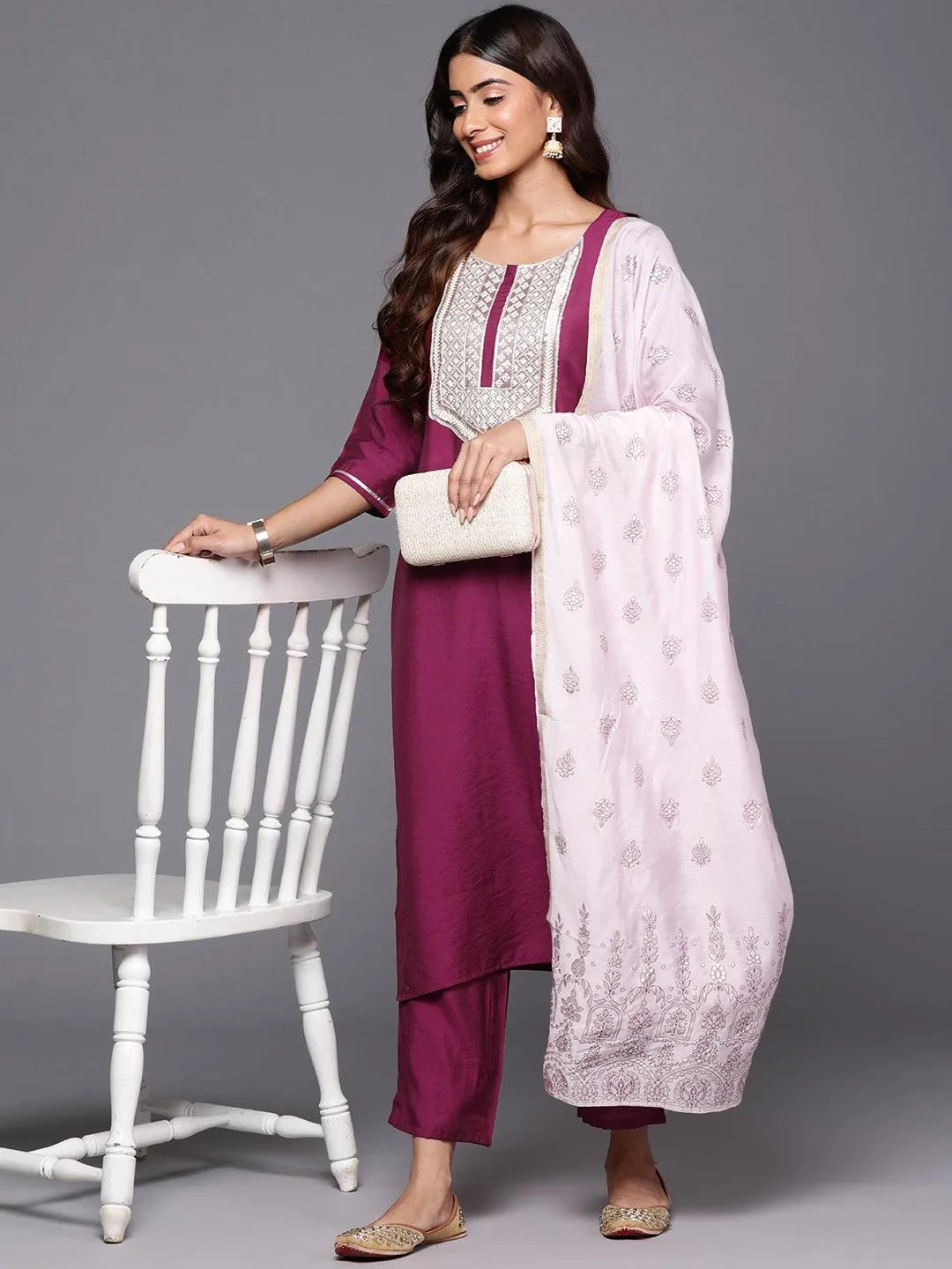 Wine Yoke Design Silk Blend Straight Kurta With Trousers & Dupatta - Libas 