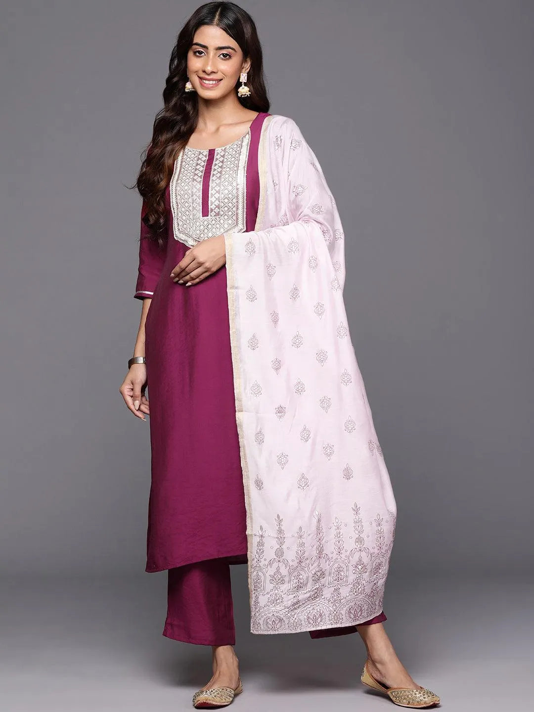 Wine Yoke Design Silk Blend Straight Kurta With Trousers & Dupatta - Libas 