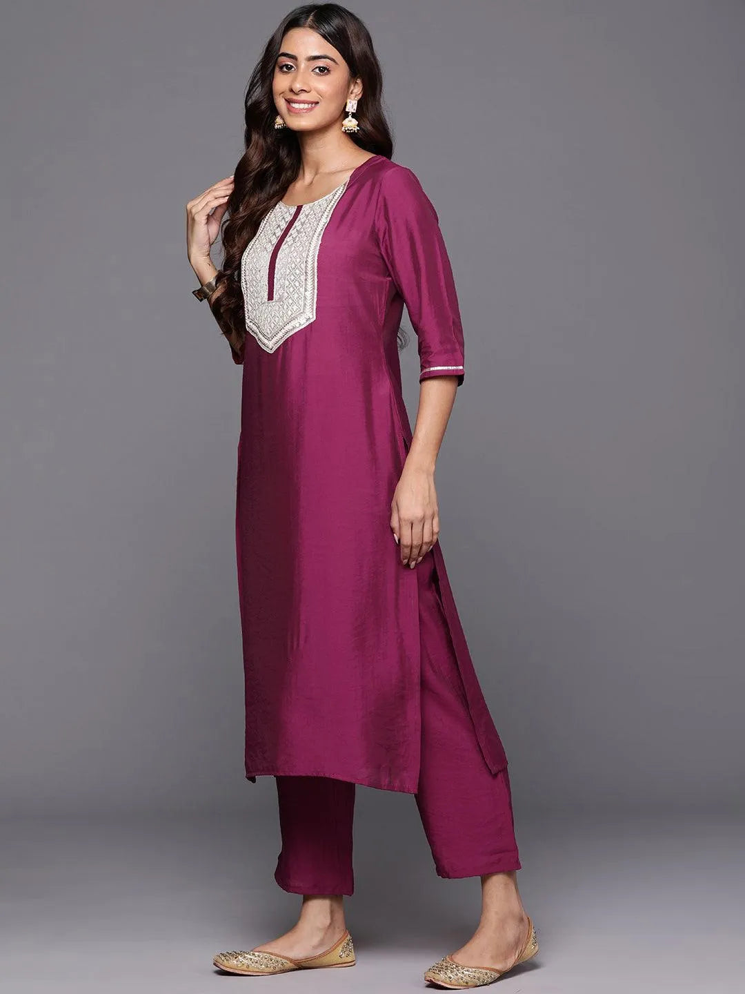 Wine Yoke Design Silk Blend Straight Kurta With Trousers & Dupatta - Libas 