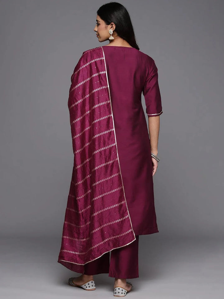 Wine Yoke Design Silk Blend Straight Kurta With Trousers & Dupatta - Libas