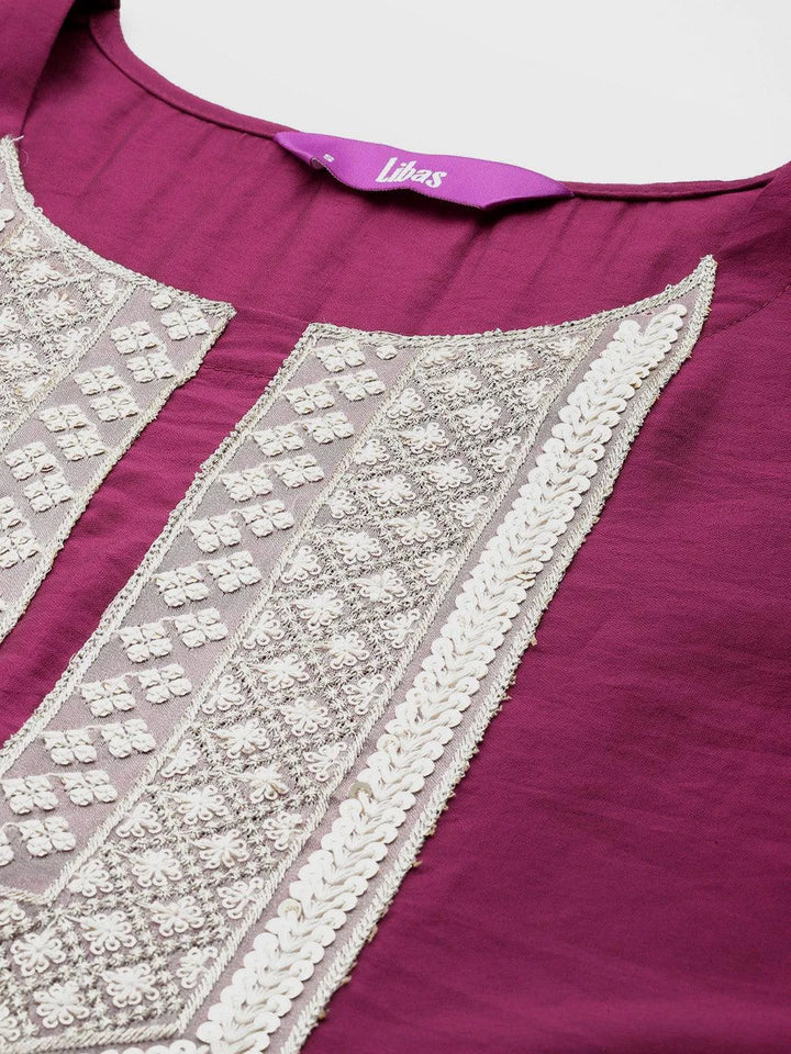 Wine Yoke Design Silk Blend Straight Kurta With Trousers & Dupatta - Libas