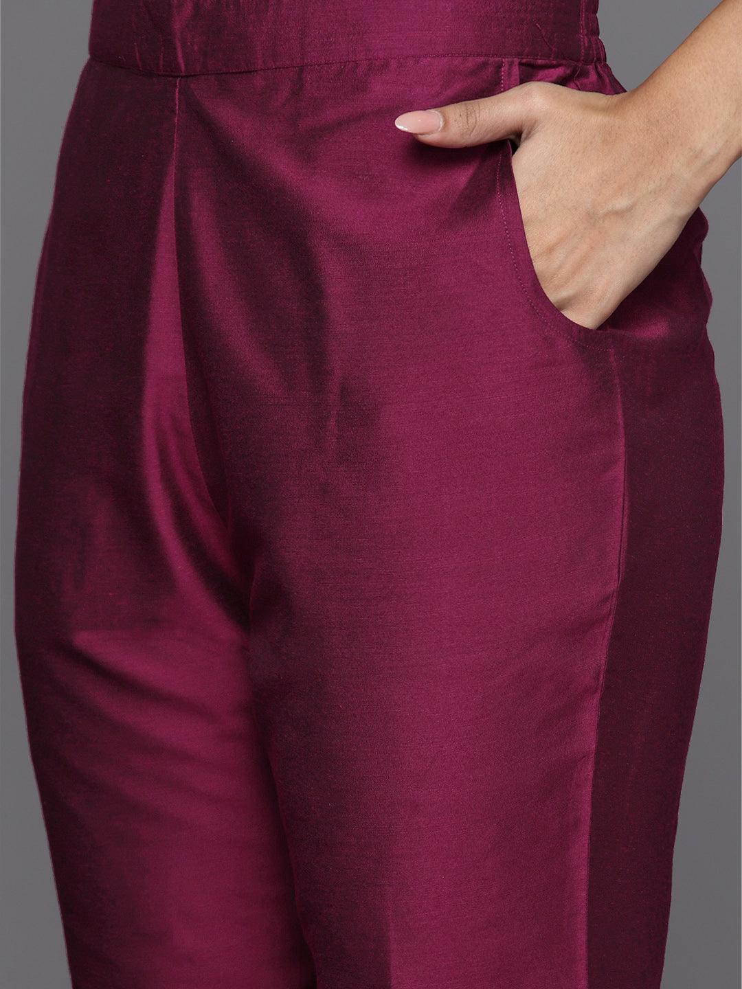 Wine Yoke Design Silk Blend Straight Kurta With Trousers & Dupatta - Libas
