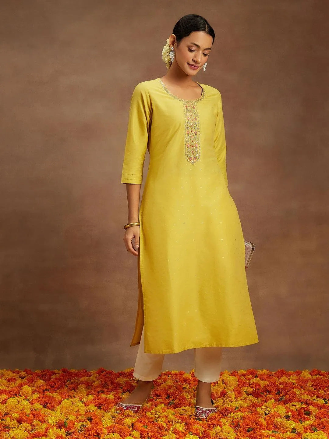 Yellow Embellished Silk Straight Kurta - Libas