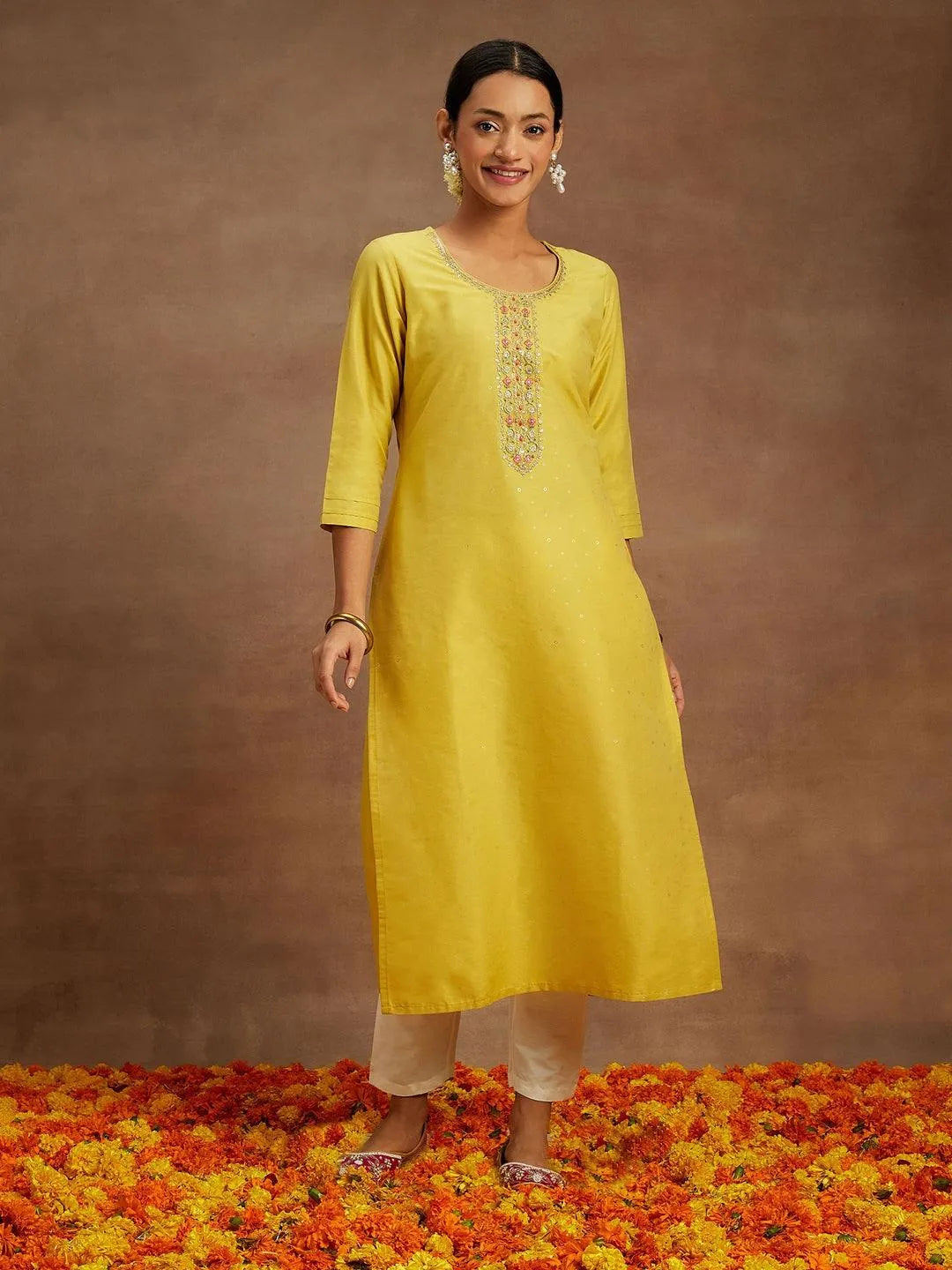 Yellow Embellished Silk Straight Kurta - Libas