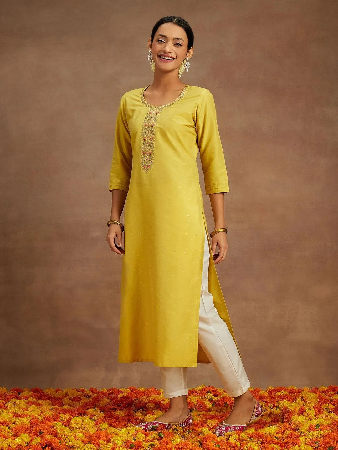Yellow Embellished Silk Straight Kurta - Libas 