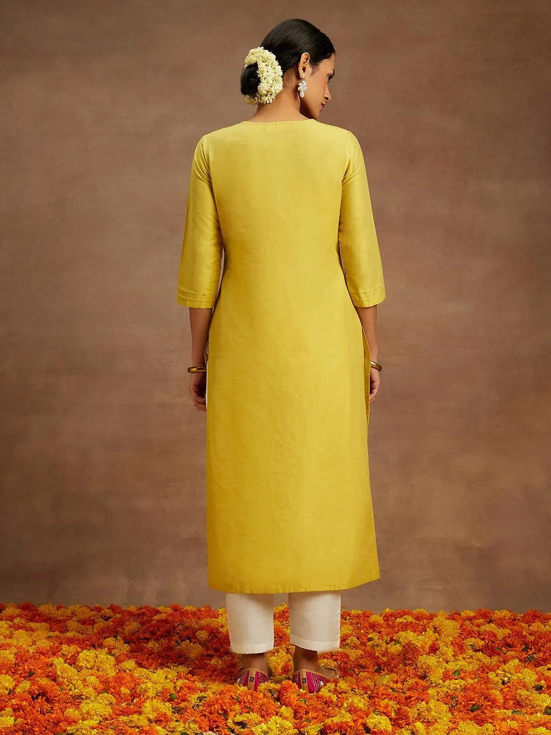 Yellow Embellished Silk Straight Kurta - Libas