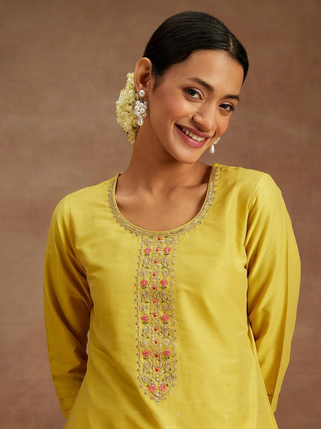 Yellow Embellished Silk Straight Kurta - Libas