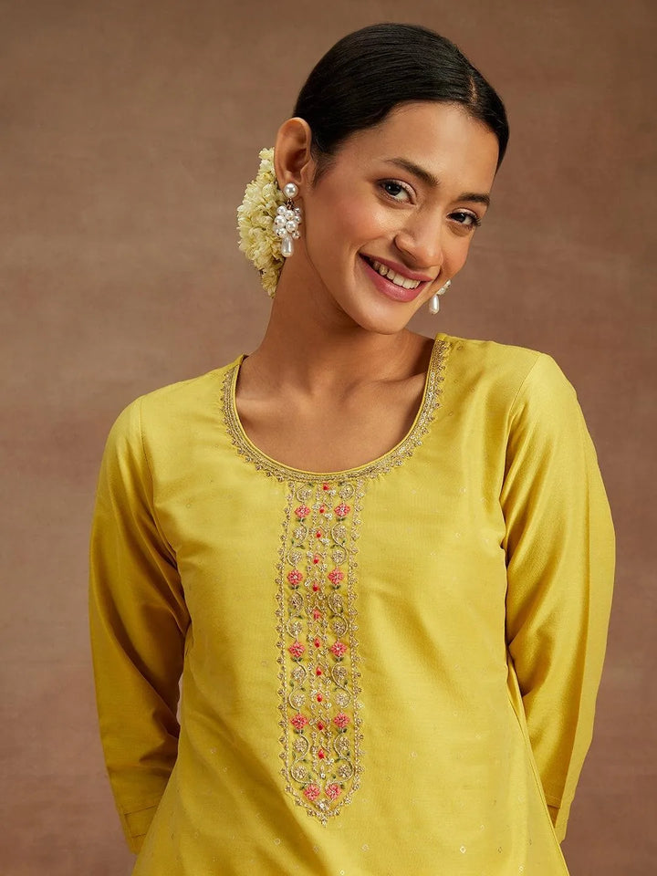 Yellow Embellished Silk Straight Kurta - Libas