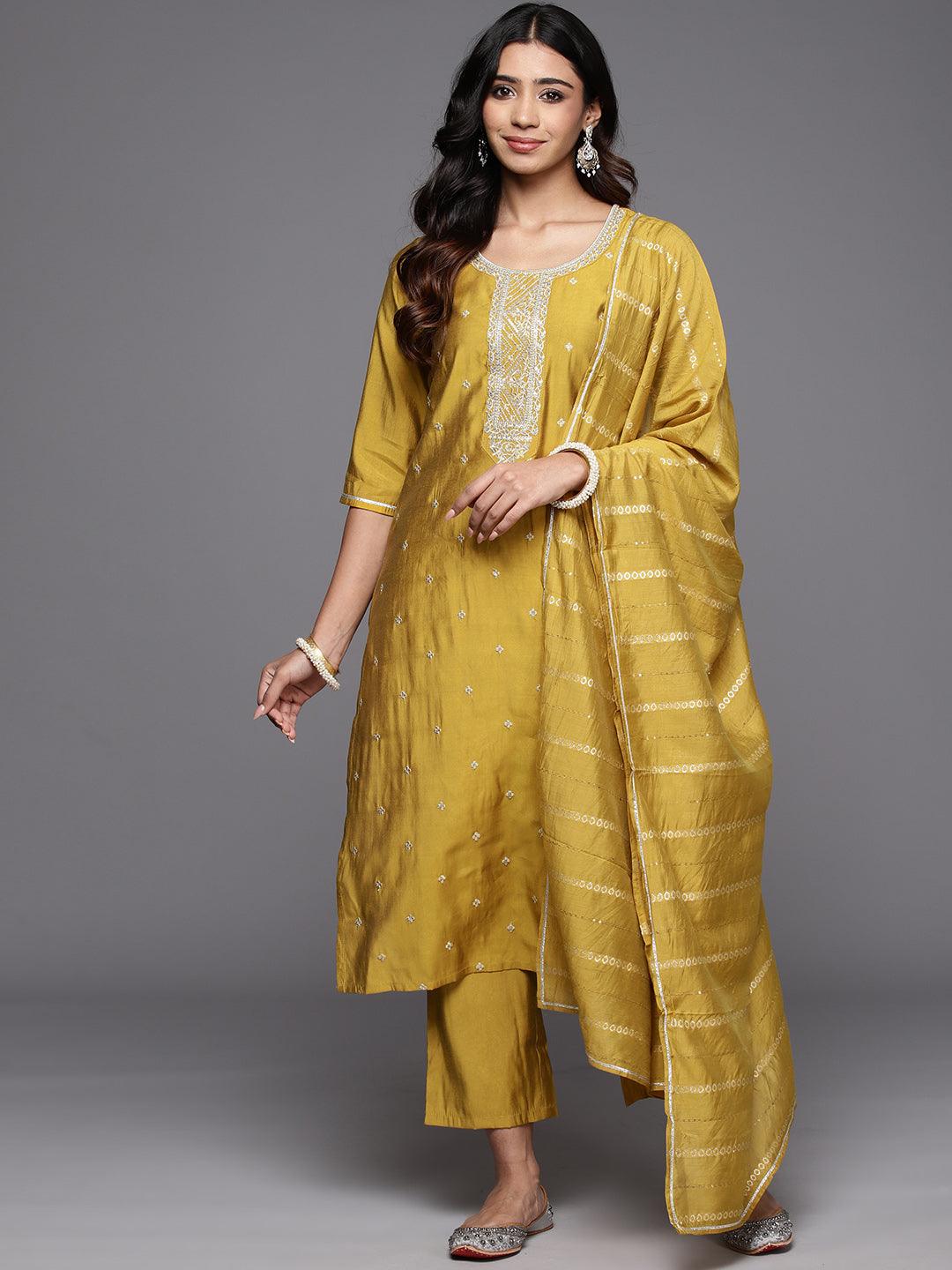 Yellow Embroidered Silk Blend Straight Suit With Dupatta