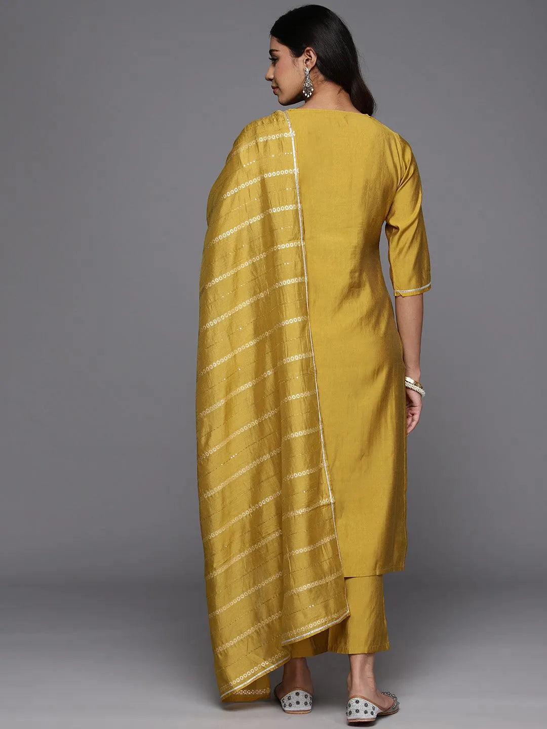 Yellow Printed Silk Blend A-Line Kurta With Trousers & Dupatta