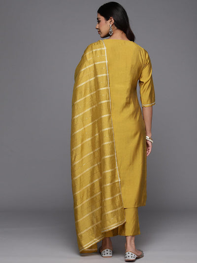 Yellow Embroidered Silk Blend Straight Kurta With Trousers & Dupatta - Libas