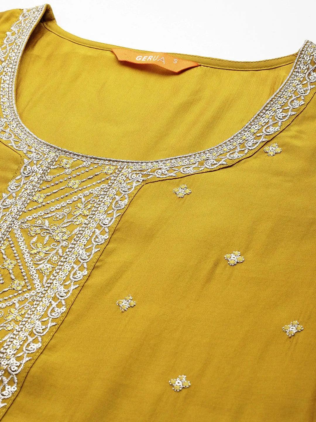 Yellow Embroidered Silk Blend Straight Kurta With Trousers & Dupatta - Libas