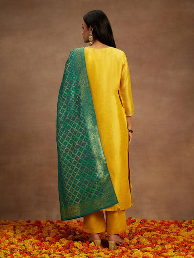 Yellow Embroidered Silk Blend Straight Kurta With Trousers & Dupatta - Libas