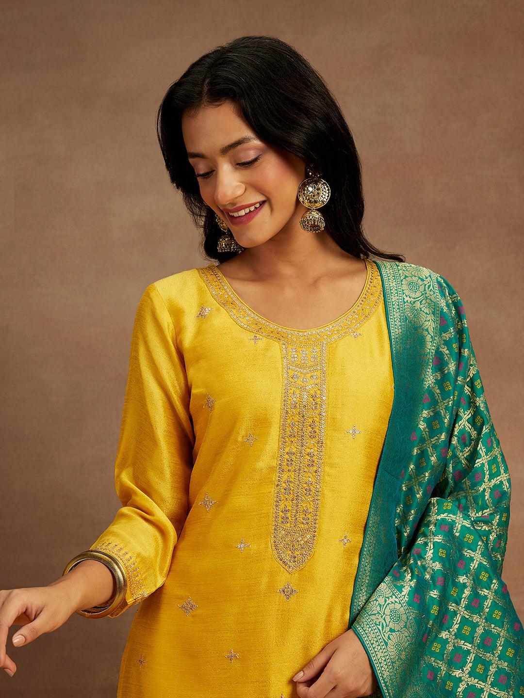 Yellow Embroidered Silk Blend Straight Suit With Dupatta