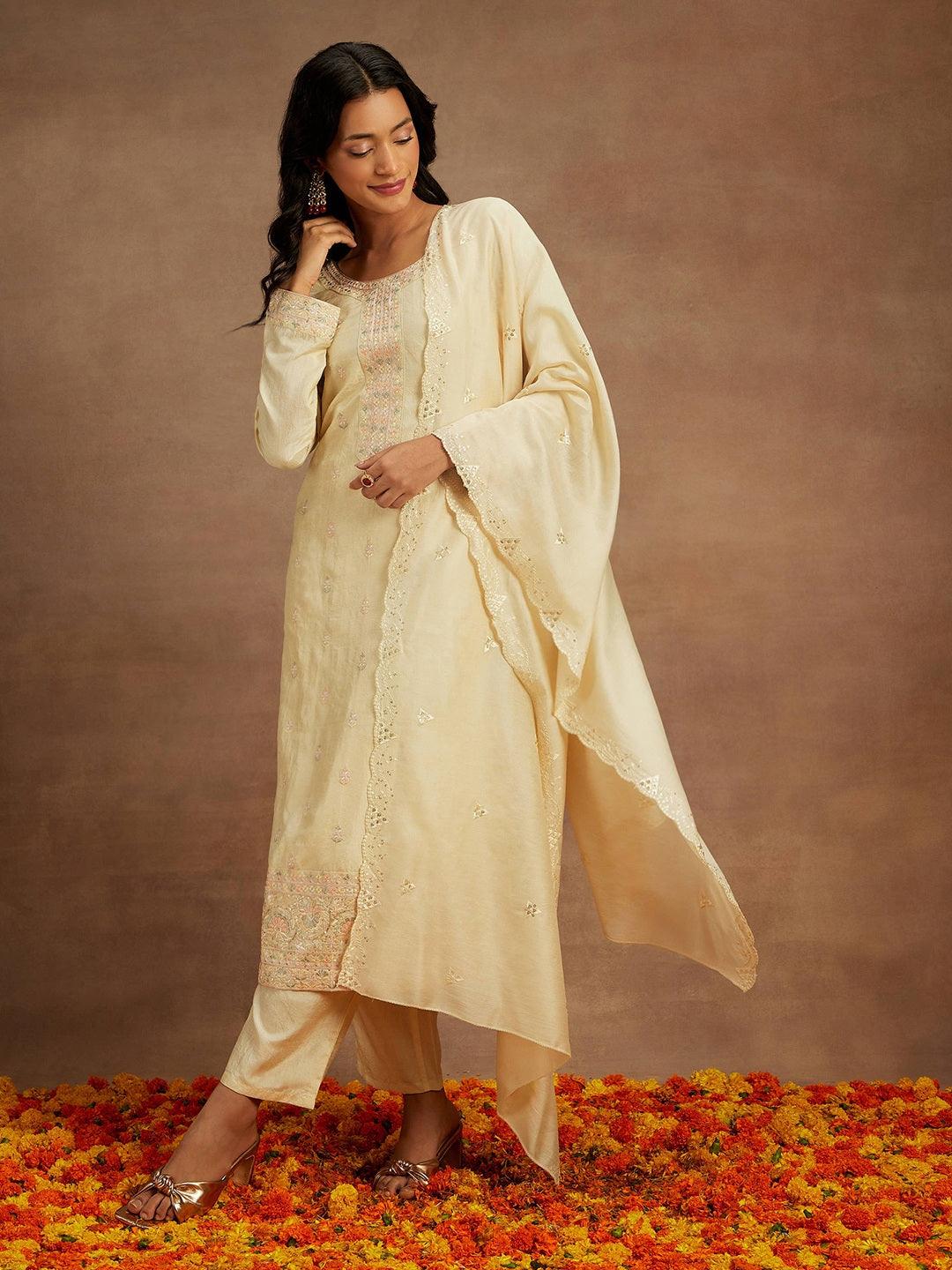 Yellow Embroidered Silk Straight Suit With Dupatta