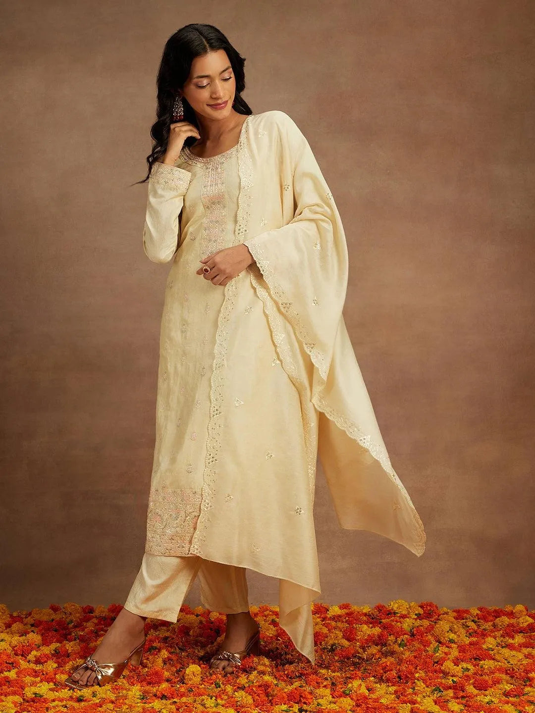 Yellow Embroidered Silk Straight Kurta With Trousers & Dupatta - Libas