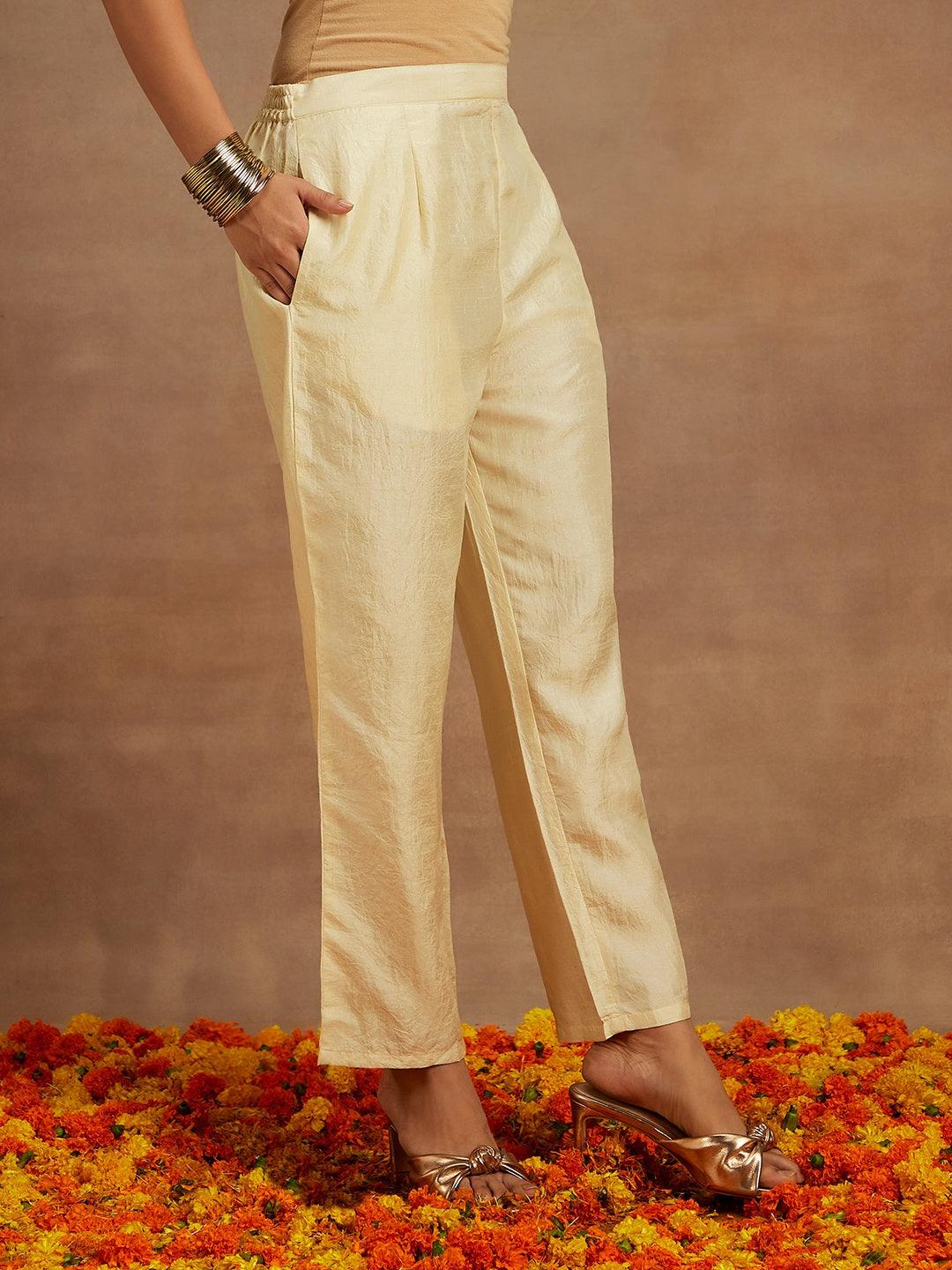 Yellow Embroidered Silk Straight Kurta With Trousers & Dupatta - Libas