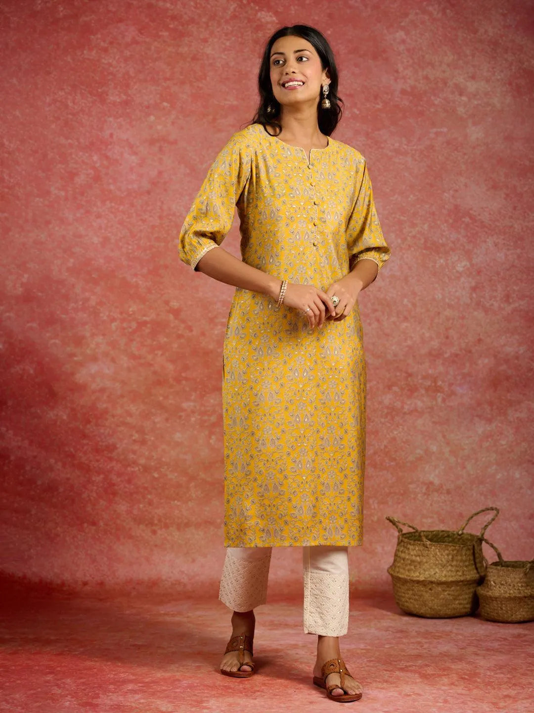 Yellow Printed Silk Straight Kurta-image-26