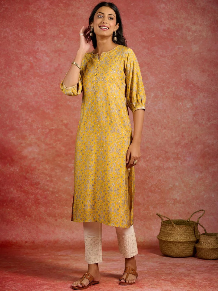 Yellow Printed Silk Straight Kurta - Libas