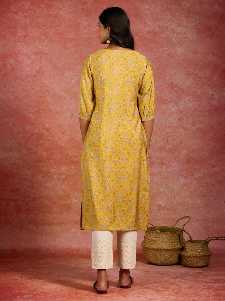 Yellow Printed Silk Straight Kurta - Libas