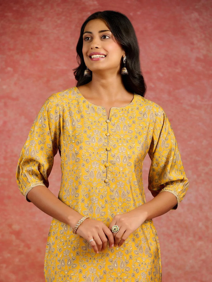 Yellow Printed Silk Straight Kurta - Libas