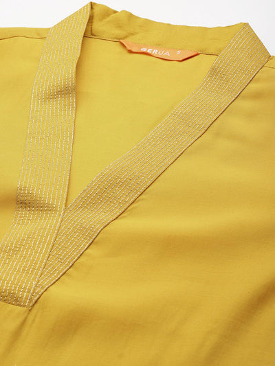Yellow Solid Silk Blend Straight Kurta With Trousers & Dupatta - Libas