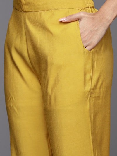 Yellow Solid Silk Blend Straight Kurta With Trousers & Dupatta - Libas