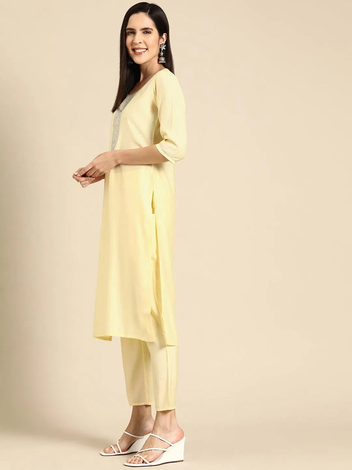 Yellow Yoke Design Silk Blend Straight Kurta With Trousers & Dupatta - Libas
