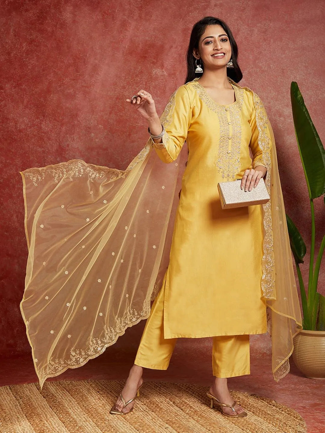 Yellow Yoke Design Silk Blend Straight Kurta With Trousers & Dupatta - Libas 