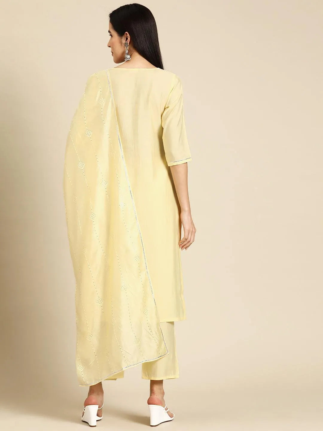 Yellow Yoke Design Silk Blend Straight Kurta With Trousers & Dupatta - Libas 